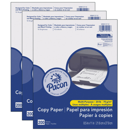 PACON Multi-Purpose Paper, White, Letter, 200 Sheets, PK3 PMMK12112